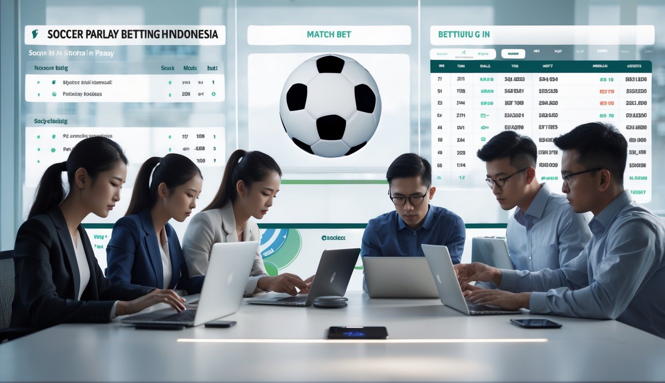 Orang-orang menggunakan laptop dan ponsel untuk memasang taruhan bola secara online di ruang kerja modern.