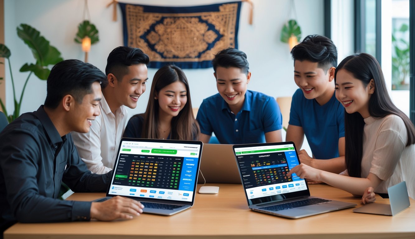 Sekelompok orang muda sedang menggunakan perangkat digital untuk taruhan bola online di ruang kerja modern dengan dekorasi tradisional Indonesia.