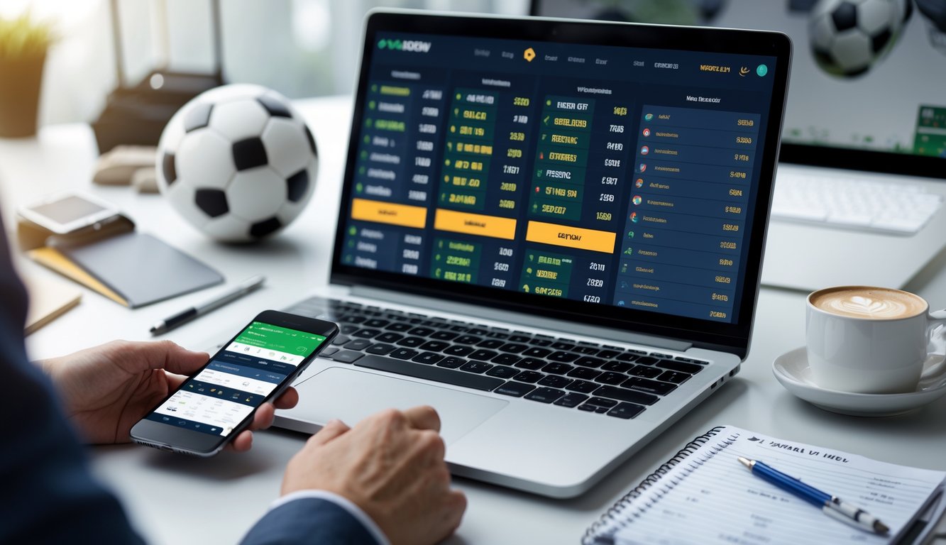 Meja kerja dengan laptop dan ponsel menampilkan aplikasi taruhan bola, bola sepak di samping, dan tangan seseorang menggunakan ponsel.
