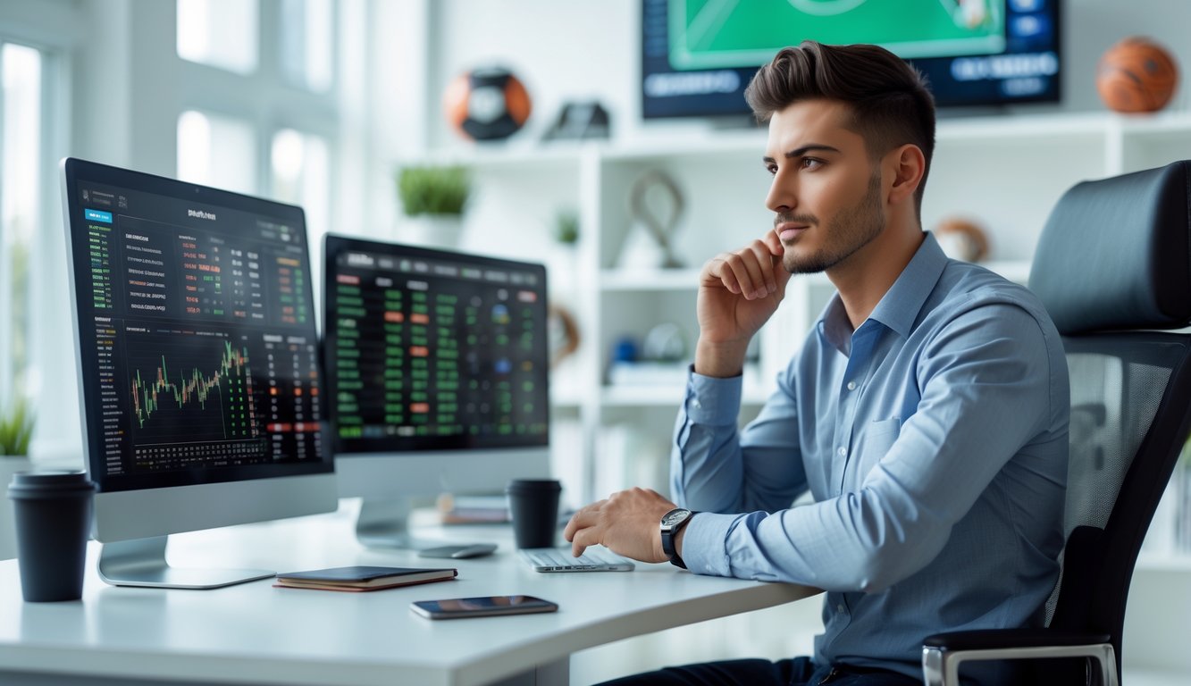 Seorang pria muda duduk di meja kantor sambil melihat layar komputer yang menampilkan data dan grafik taruhan olahraga.