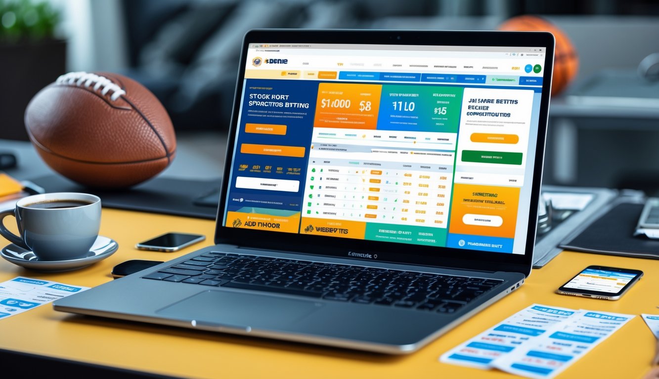 Meja kerja dengan laptop dan ponsel yang menampilkan situs taruhan olahraga, dikelilingi bola dan alat taruhan.