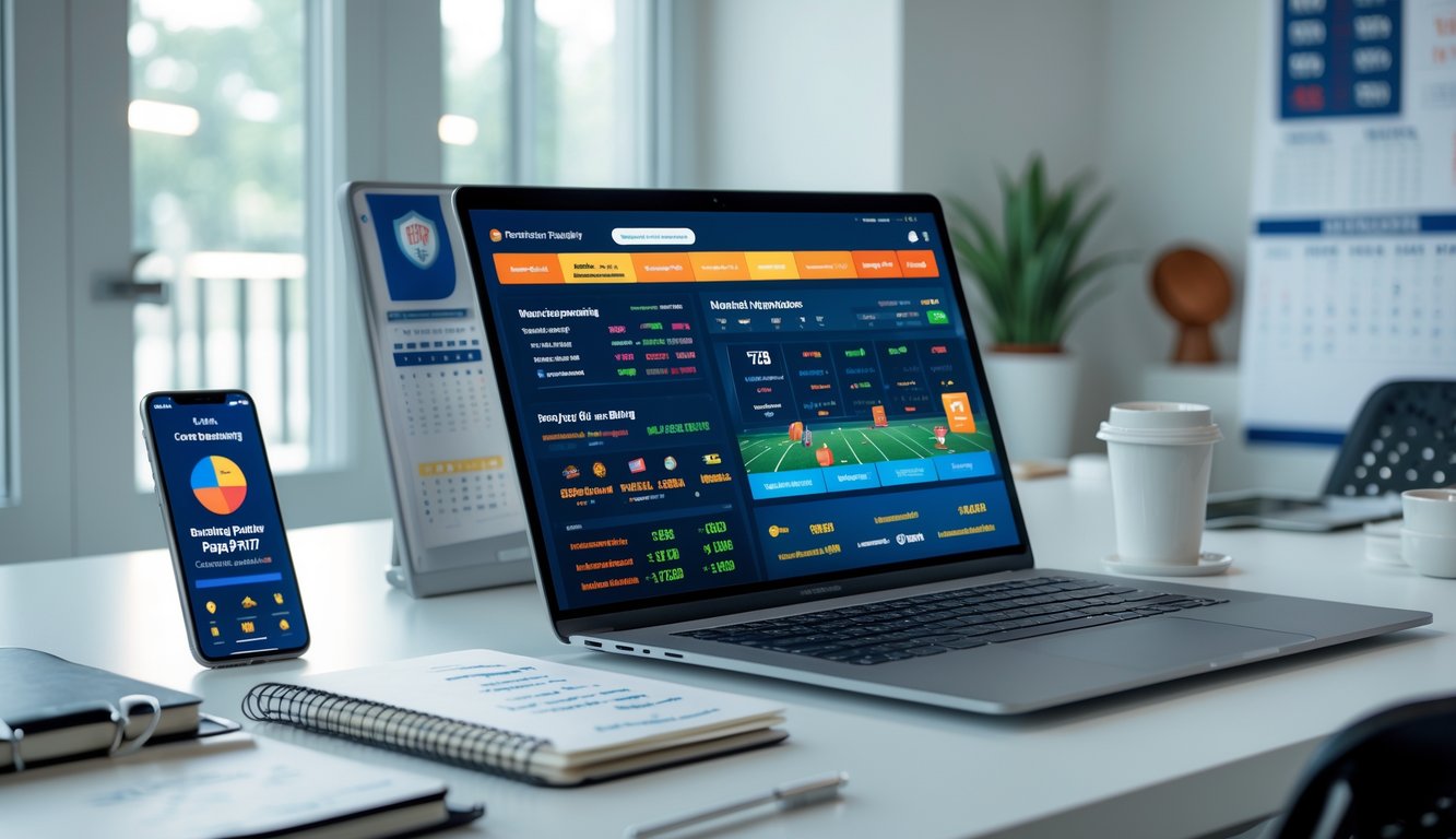 Seorang profesional sedang bekerja di depan komputer dengan tampilan aplikasi taruhan bola parlay online dan berbagai alat kerja di meja.