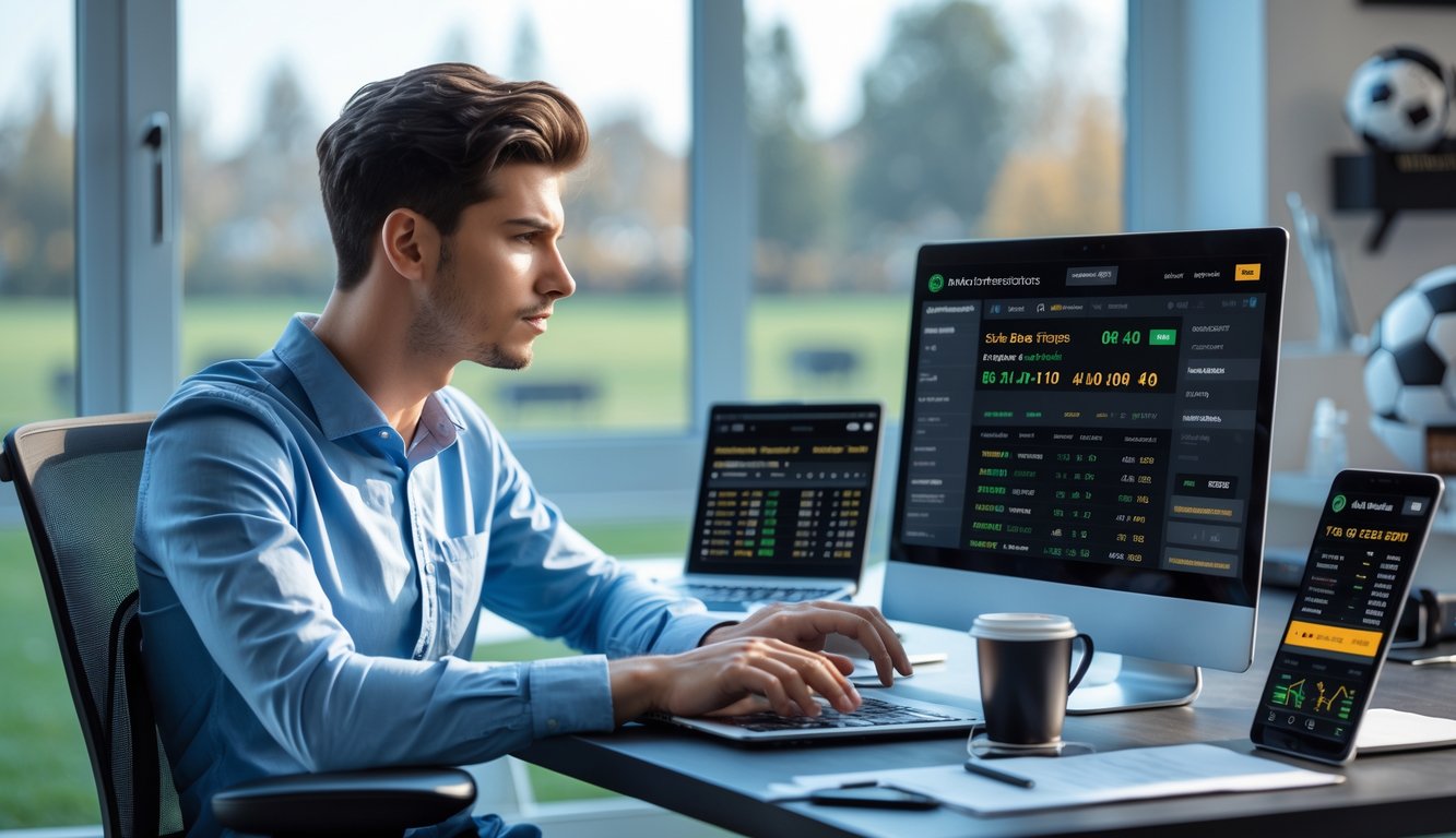 Seorang pria muda duduk di meja kerja dengan beberapa perangkat digital yang menampilkan statistik pertandingan sepak bola dan peluang taruhan, terlihat fokus menganalisis data dalam ruangan kantor rumah yang terang.