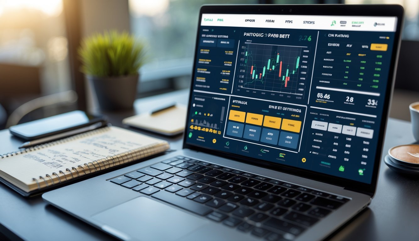 Seorang profesional bekerja di depan laptop dengan tampilan statistik dan grafik taruhan olahraga, dikelilingi catatan dan ponsel di meja kerja.