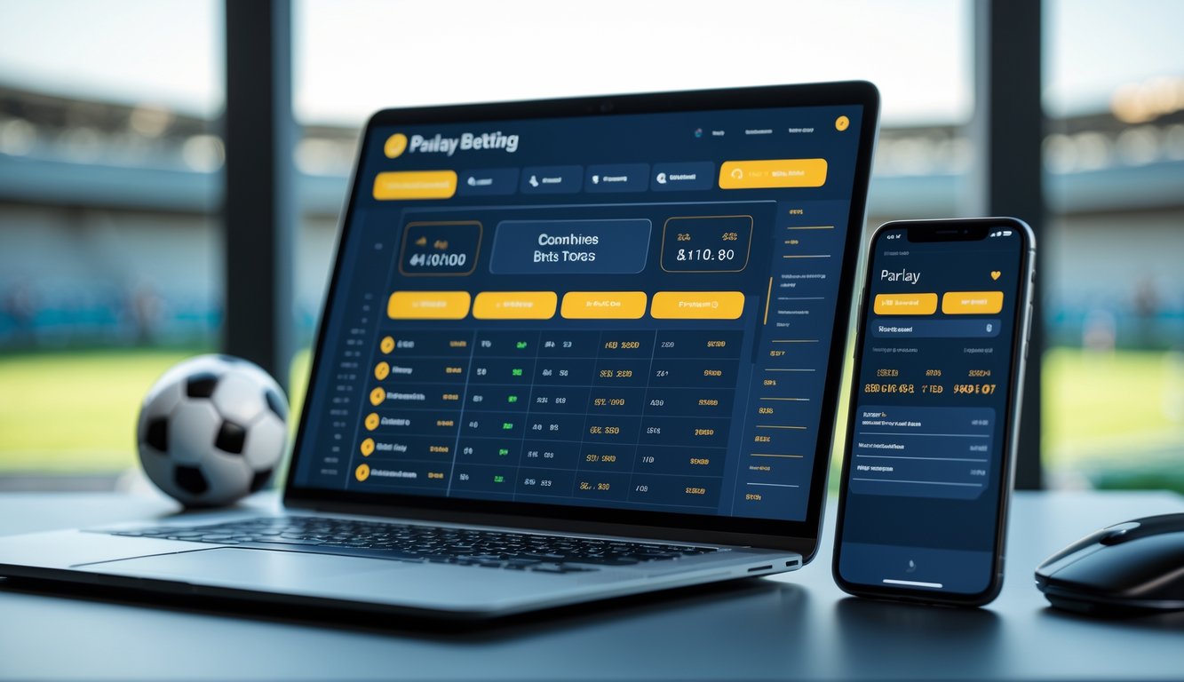 Seorang pria menggunakan laptop dan ponsel untuk memasang taruhan olahraga online dengan latar belakang bola sepak dan stadion.