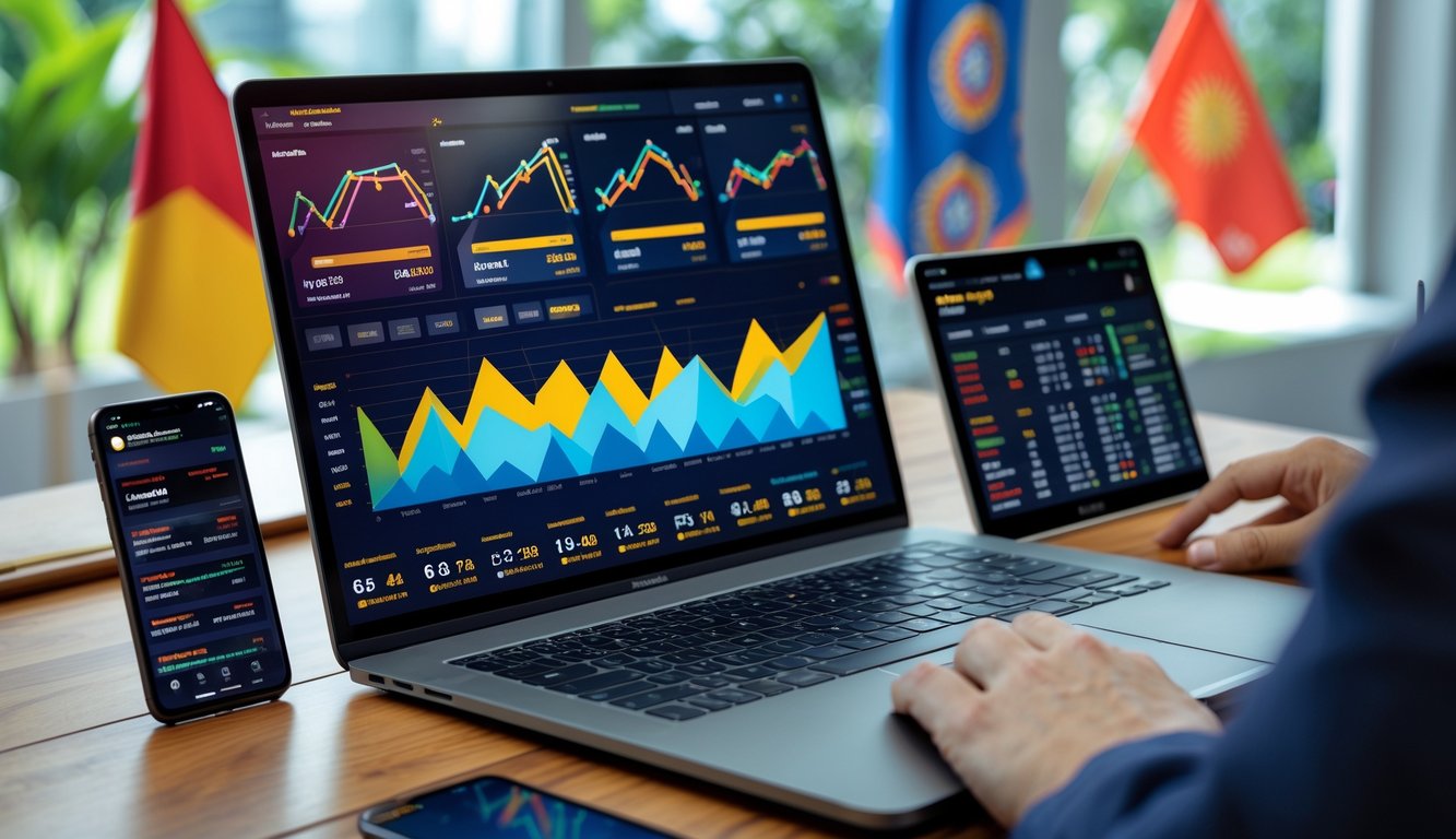 Seorang profesional menggunakan laptop dan perangkat digital lain untuk membandingkan platform taruhan bola parlay online populer di Indonesia.