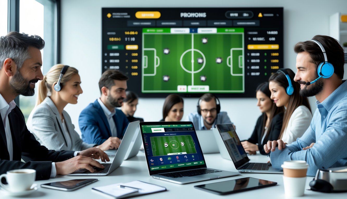 Sejumlah orang sedang menggunakan perangkat digital untuk bertaruh bola secara online dengan latar belakang layar menampilkan statistik pertandingan sepak bola.