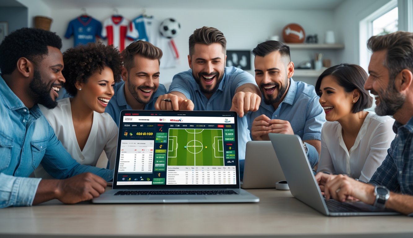 Sekelompok orang dewasa sedang menggunakan laptop dan perangkat digital untuk bertaruh bola secara online dengan suasana antusias dan fokus.