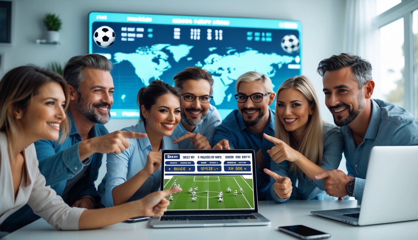 Sekelompok orang dewasa yang antusias sedang melihat layar laptop dan ponsel dengan statistik pertandingan sepak bola di ruang tamu modern.