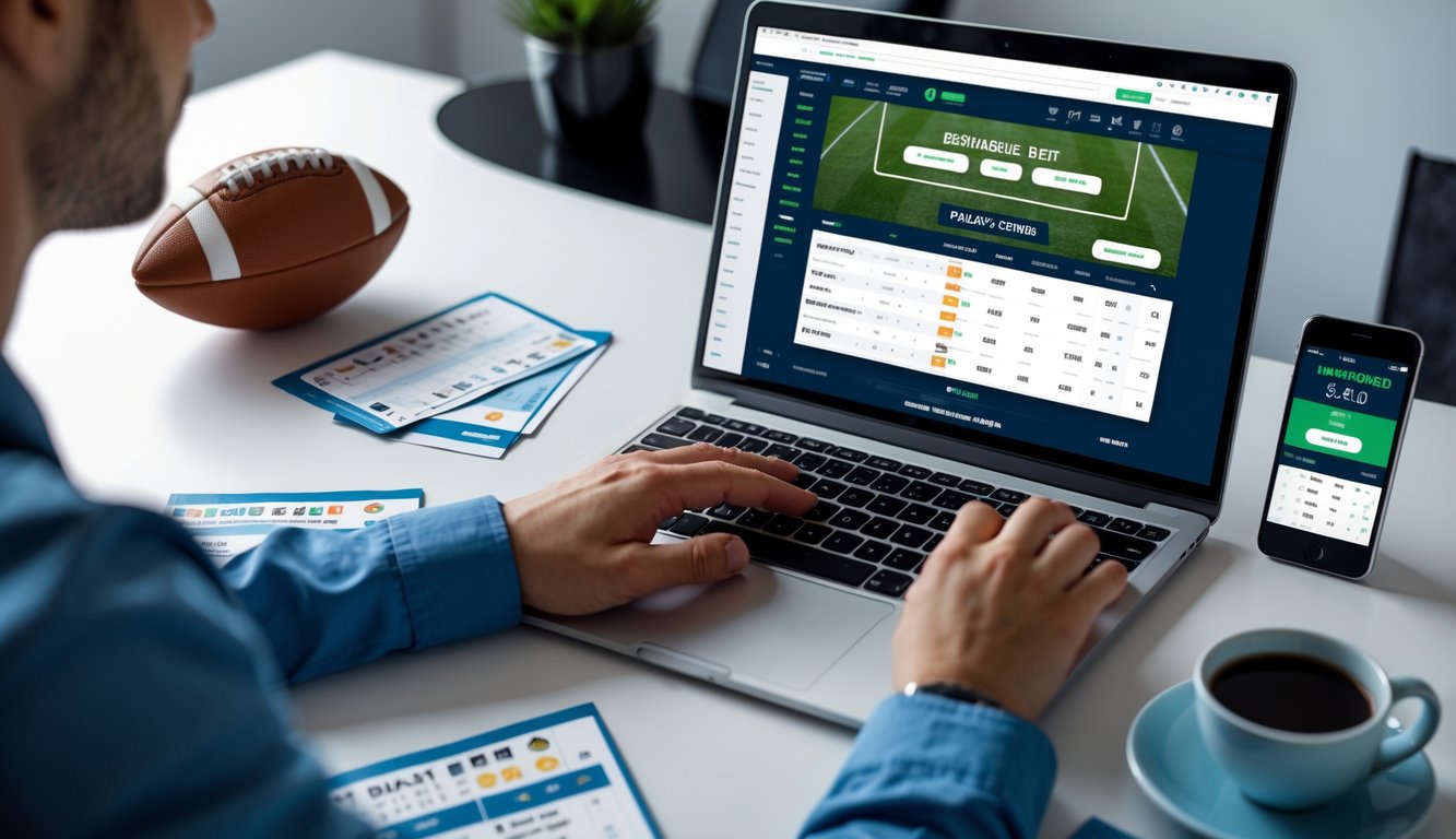 Seseorang menggunakan laptop dengan tampilan situs taruhan bola, dikelilingi bola sepak, slip taruhan, dan ponsel dengan skor langsung.