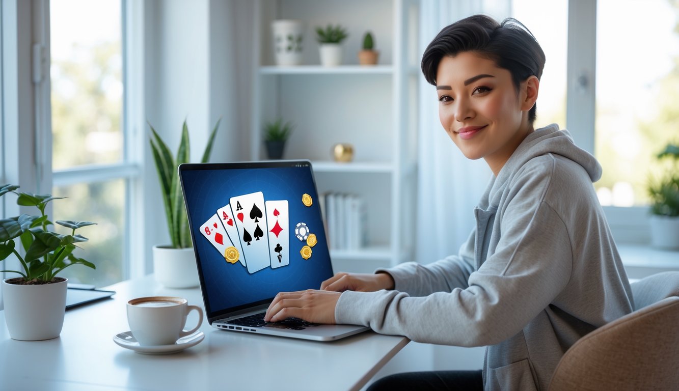 Seorang dewasa muda duduk di meja dengan laptop, bermain permainan kartu online di ruang kerja yang terang dan rapi.