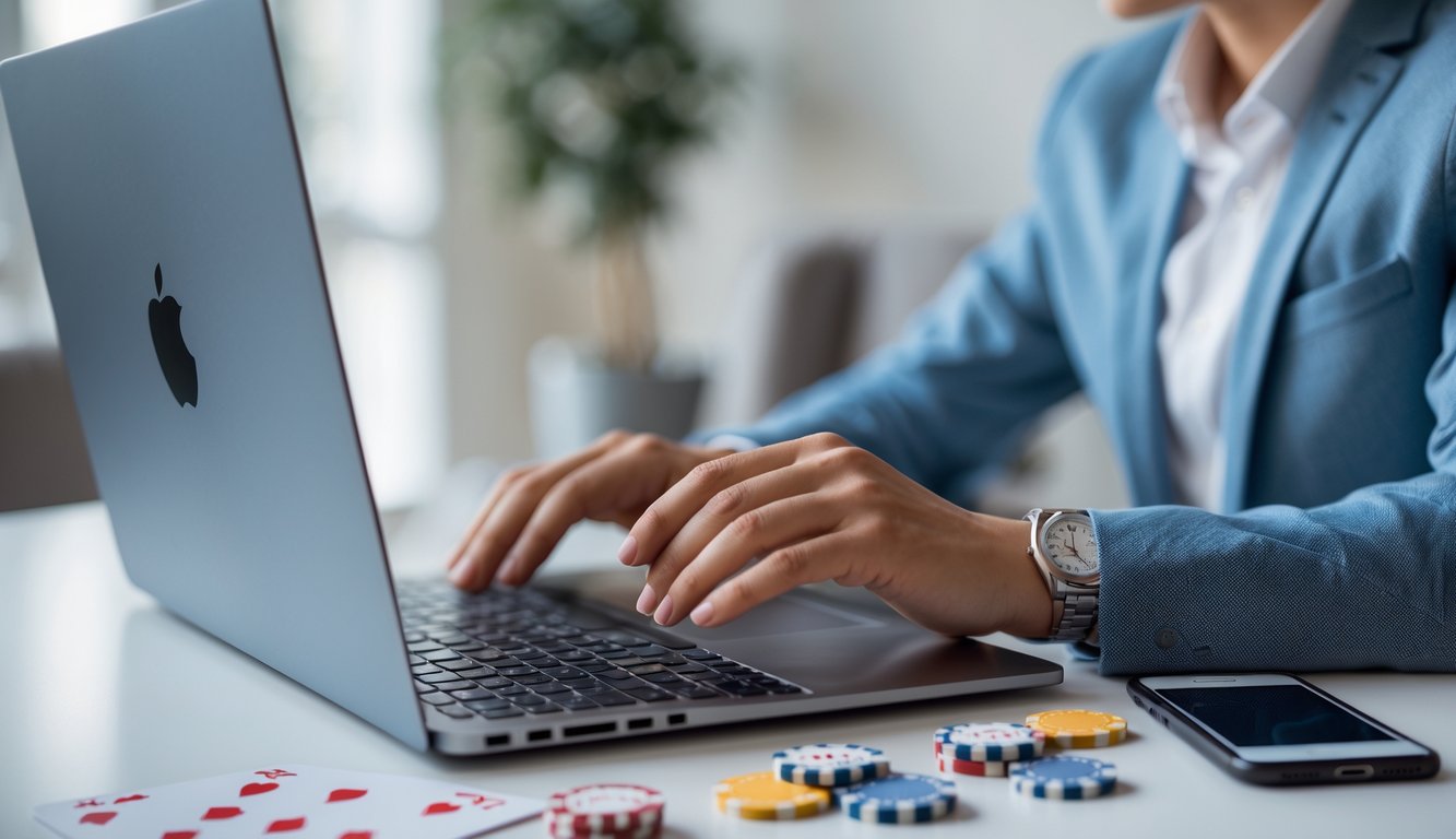 Seseorang sedang mendaftar di situs judi Capsa online terpercaya menggunakan laptop di meja kerja.