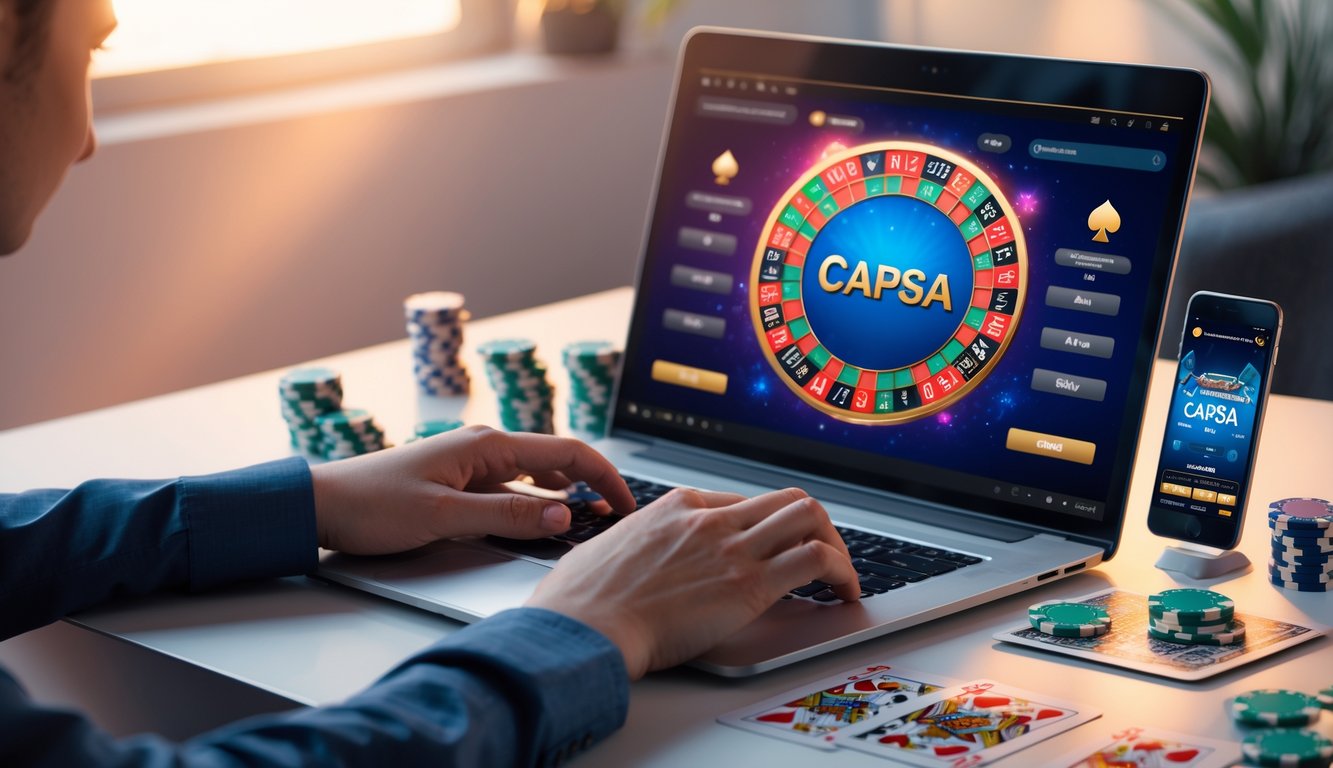 Seseorang menggunakan laptop dengan permainan Capsa online di layar, dikelilingi oleh kartu remi dan chip poker di atas meja.