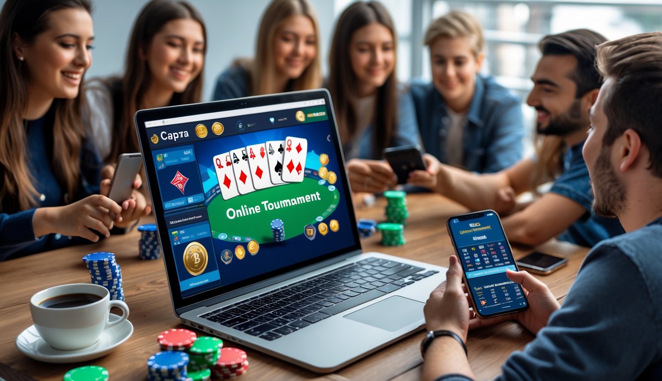 Orang-orang muda bermain game kartu online di ruang kerja modern dengan laptop dan perangkat digital.