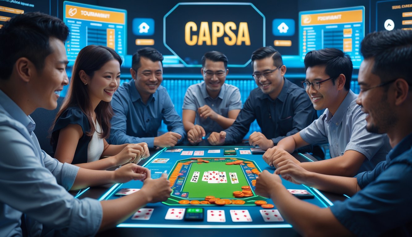 Sekelompok orang bermain kartu Capsa secara online dengan suasana turnamen yang seru dan kompetitif.