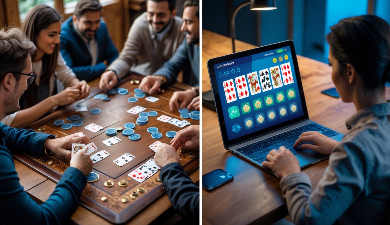 Orang-orang bermain kartu Capsa tradisional di meja kayu dan seseorang menggunakan laptop untuk bermain Capsa digital.