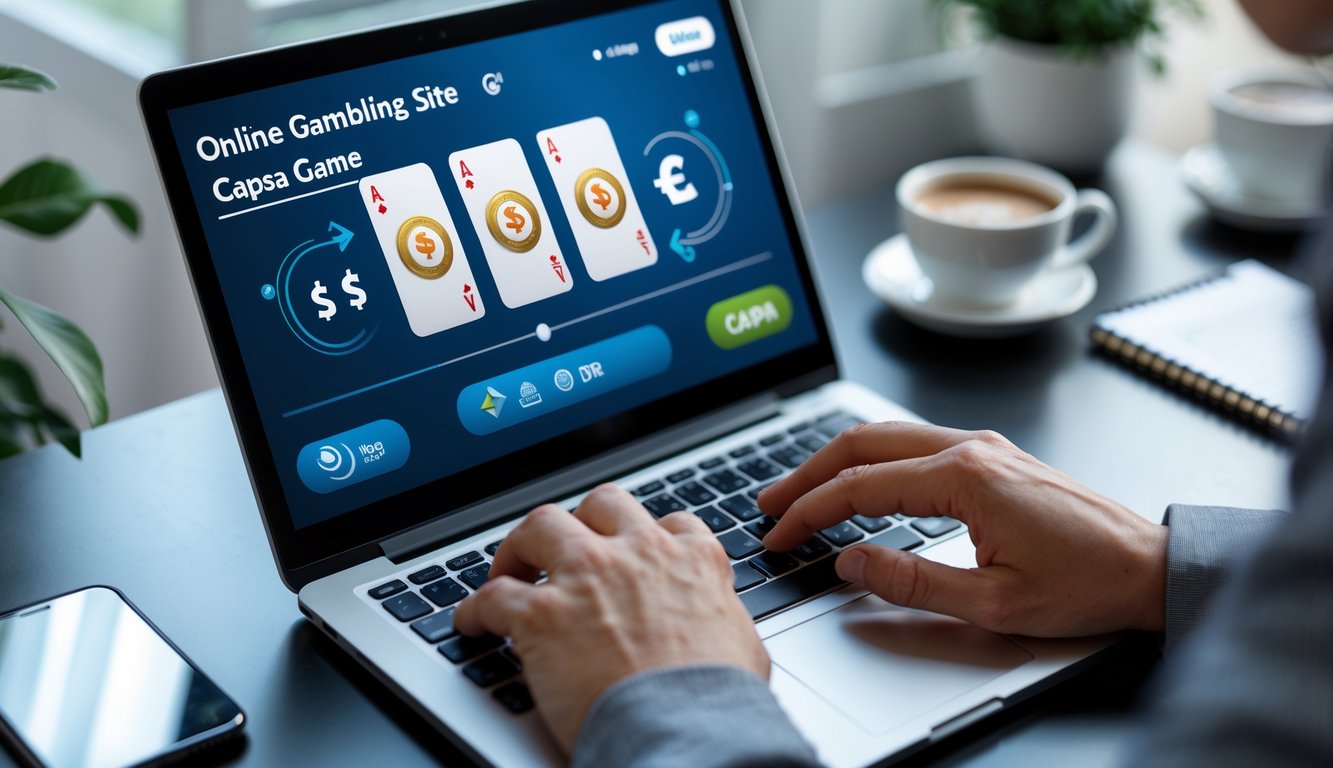 Seseorang menggunakan laptop di meja kerja dengan tampilan antarmuka transaksi online yang mudah dan nyaman.