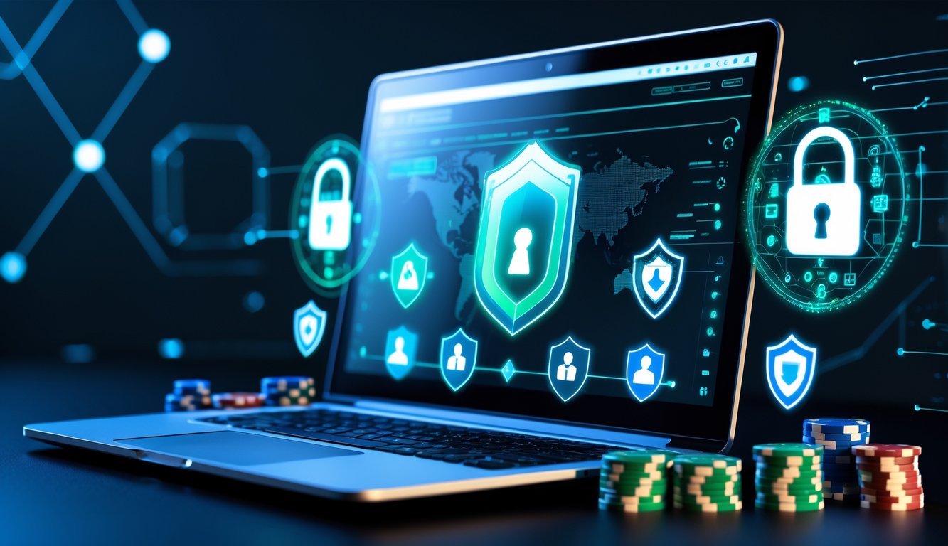 Seorang pengguna laptop dengan ikon keamanan digital mengambang di sekitar layar, menunjukkan perlindungan data dalam perjudian online.