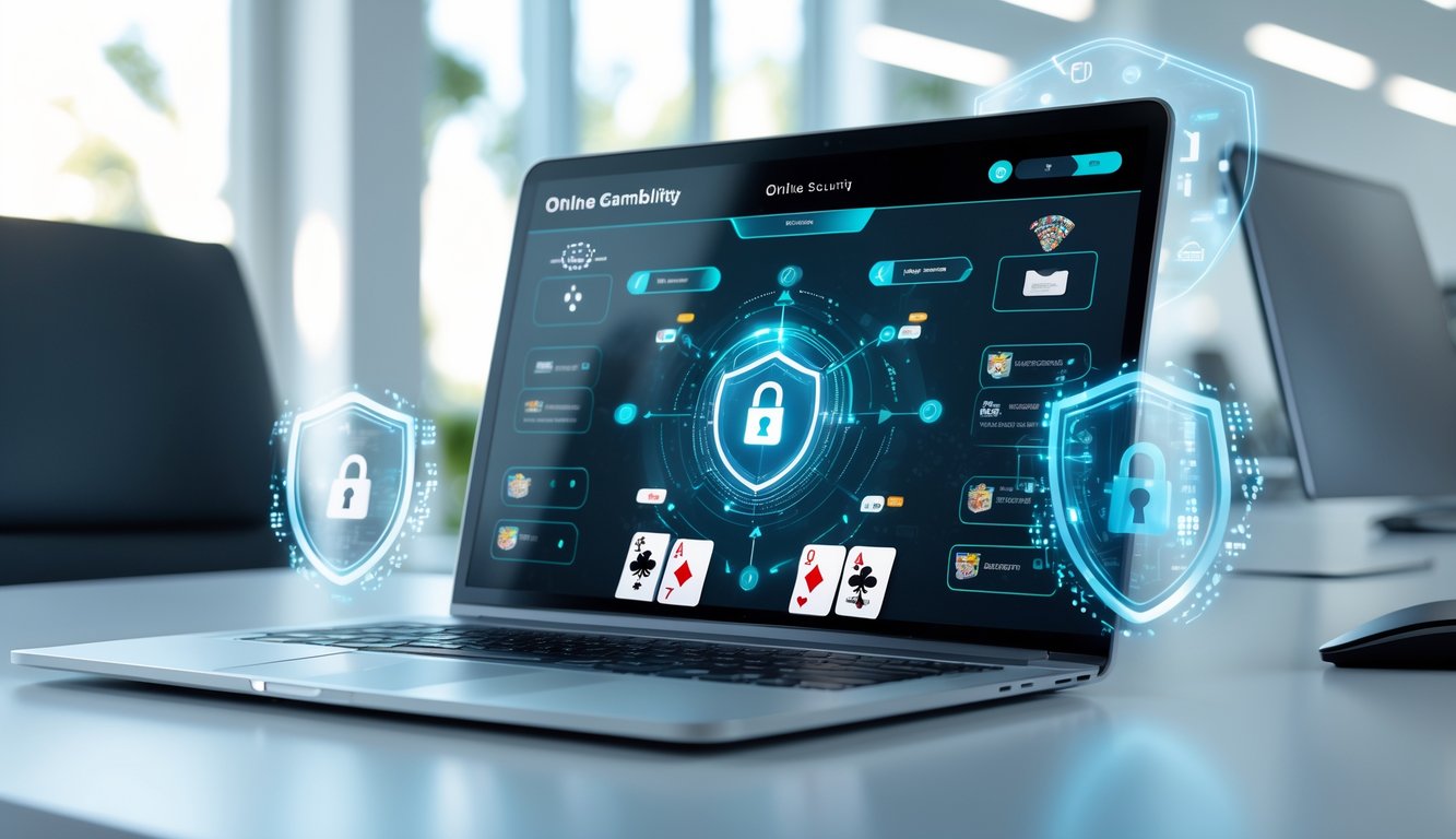 Seorang profesional menggunakan laptop dengan tampilan permainan kartu online dan simbol keamanan digital di sekitarnya.