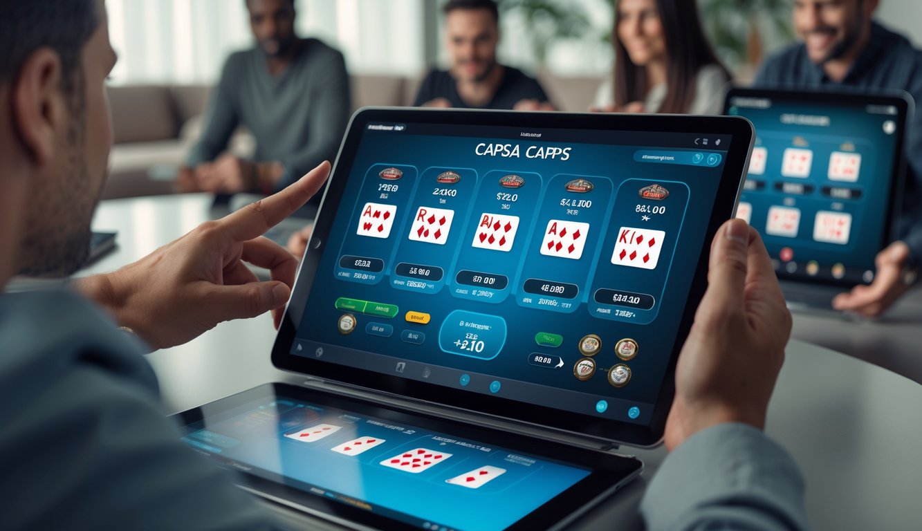 Beberapa orang bermain permainan kartu Capsa secara online di perangkat digital dengan berbagai pilihan meja taruhan.