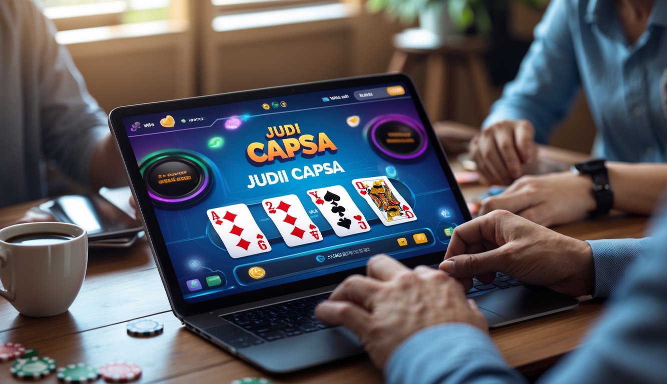 Orang-orang bermain permainan kartu secara online menggunakan laptop di meja kayu dengan suasana nyaman dan pencahayaan hangat.