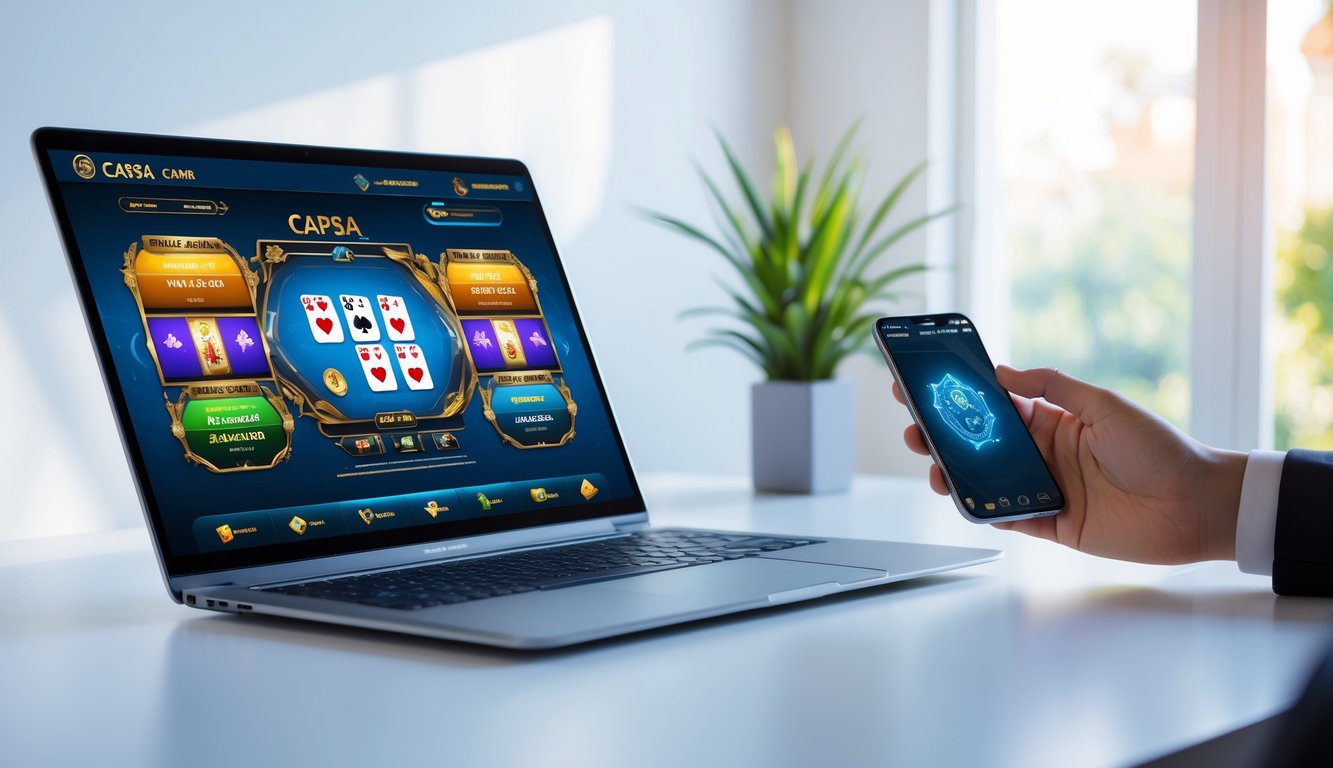Seorang pengguna sedang memainkan permainan Capsa online di laptop dan ponsel di atas meja yang bersih.