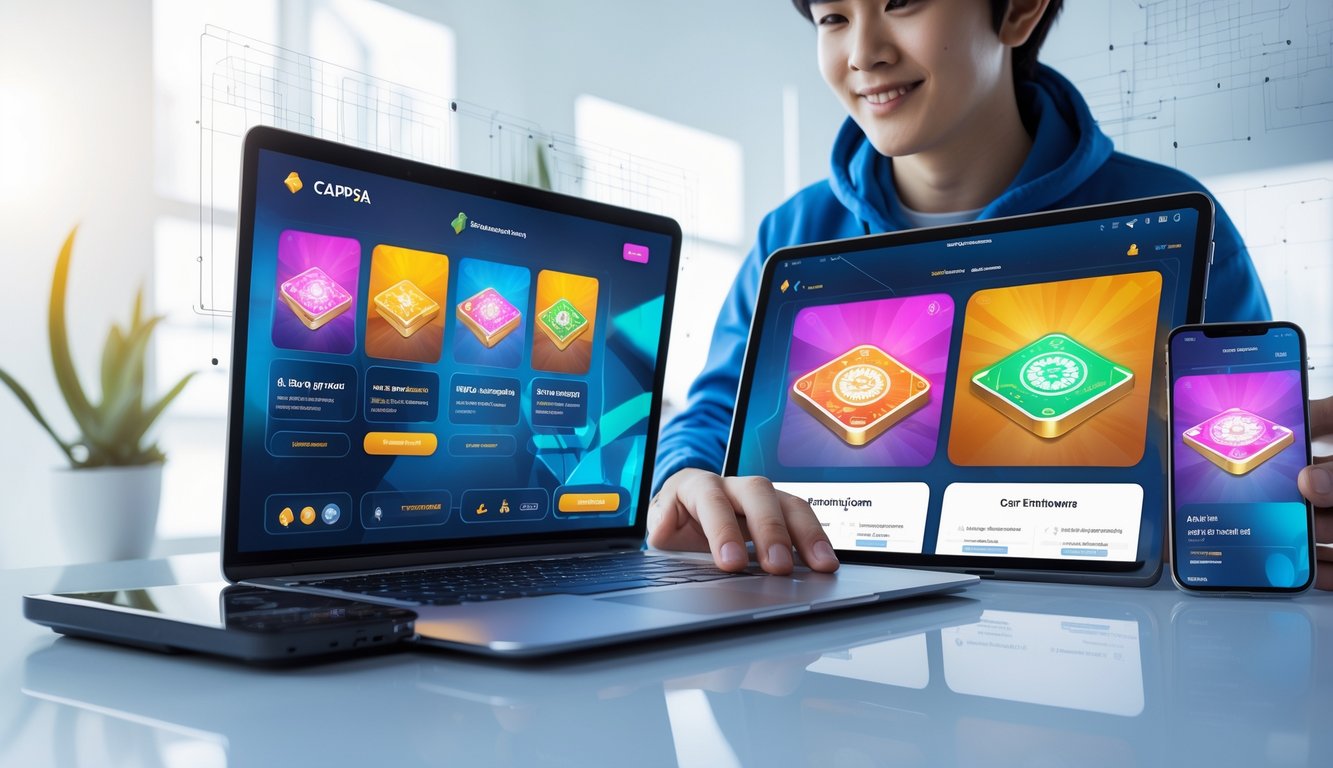 Seorang pengguna muda sedang menggunakan laptop, tablet, dan smartphone yang menampilkan permainan kartu online dengan desain situs yang responsif.