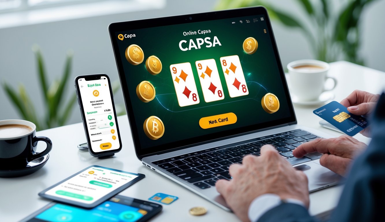Seorang pengguna bermain game kartu Capsa online di komputer dengan simbol pembayaran digital dan ponsel yang menunjukkan notifikasi transaksi.