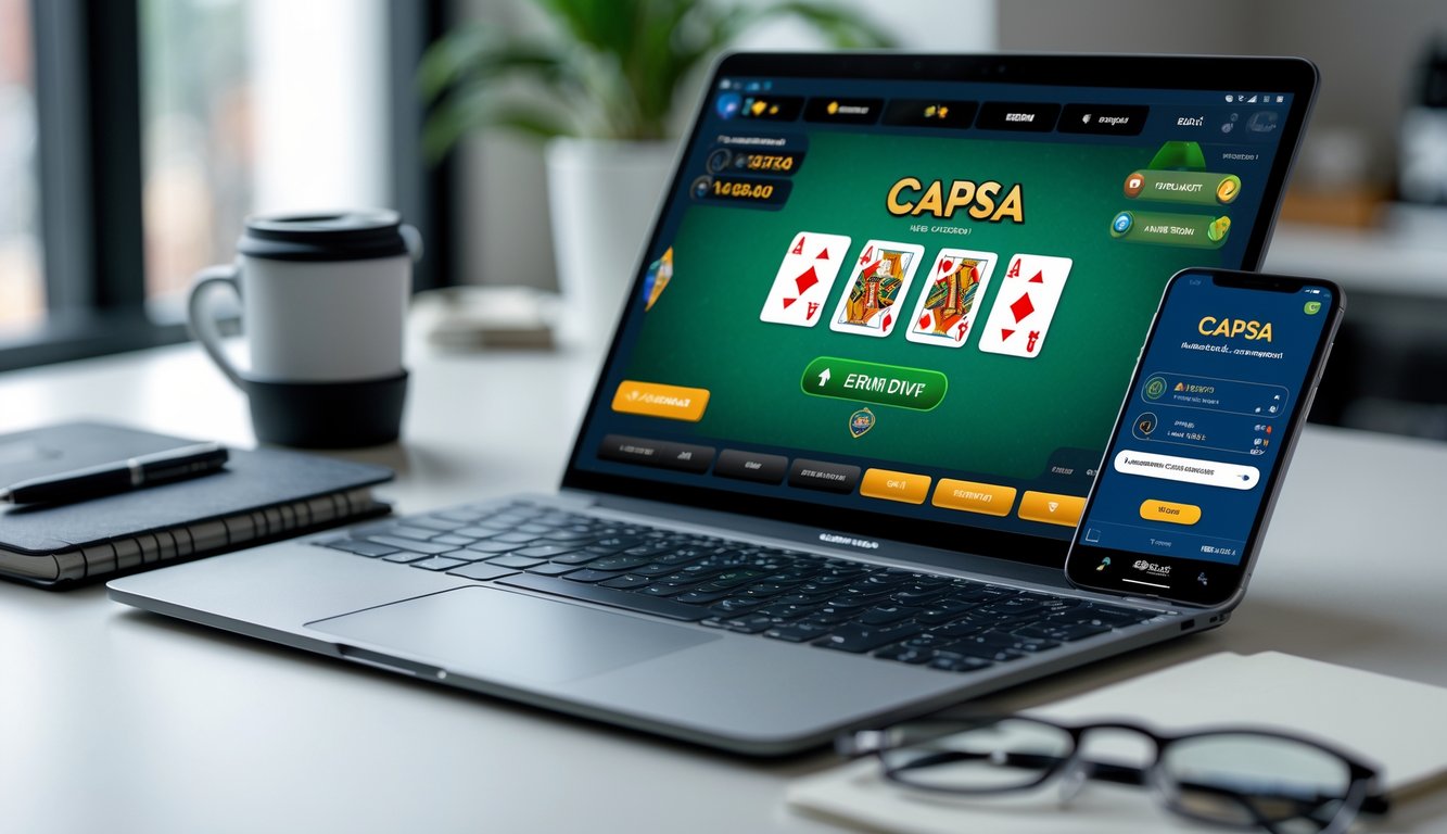 Seorang pengguna sedang bermain Capsa online di laptop dengan notifikasi pembayaran real-time di ponsel di meja kerja yang rapi.