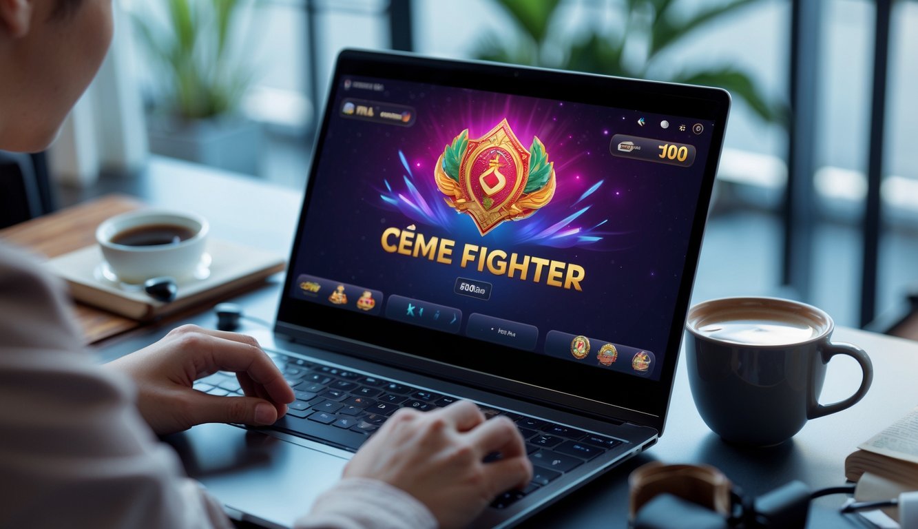 Seseorang sedang bermain permainan kartu Ceme Fighter secara online di depan komputer di ruang kerja yang rapi dan terang.