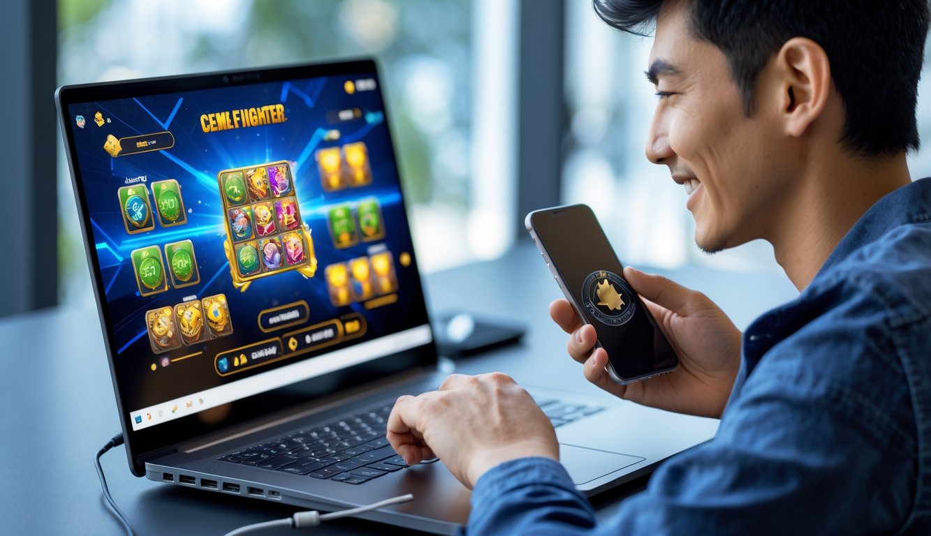 Seorang pria muda sedang bermain permainan kartu online di laptop dengan tampilan layar permainan Ceme Fighter, di ruang kerja modern.