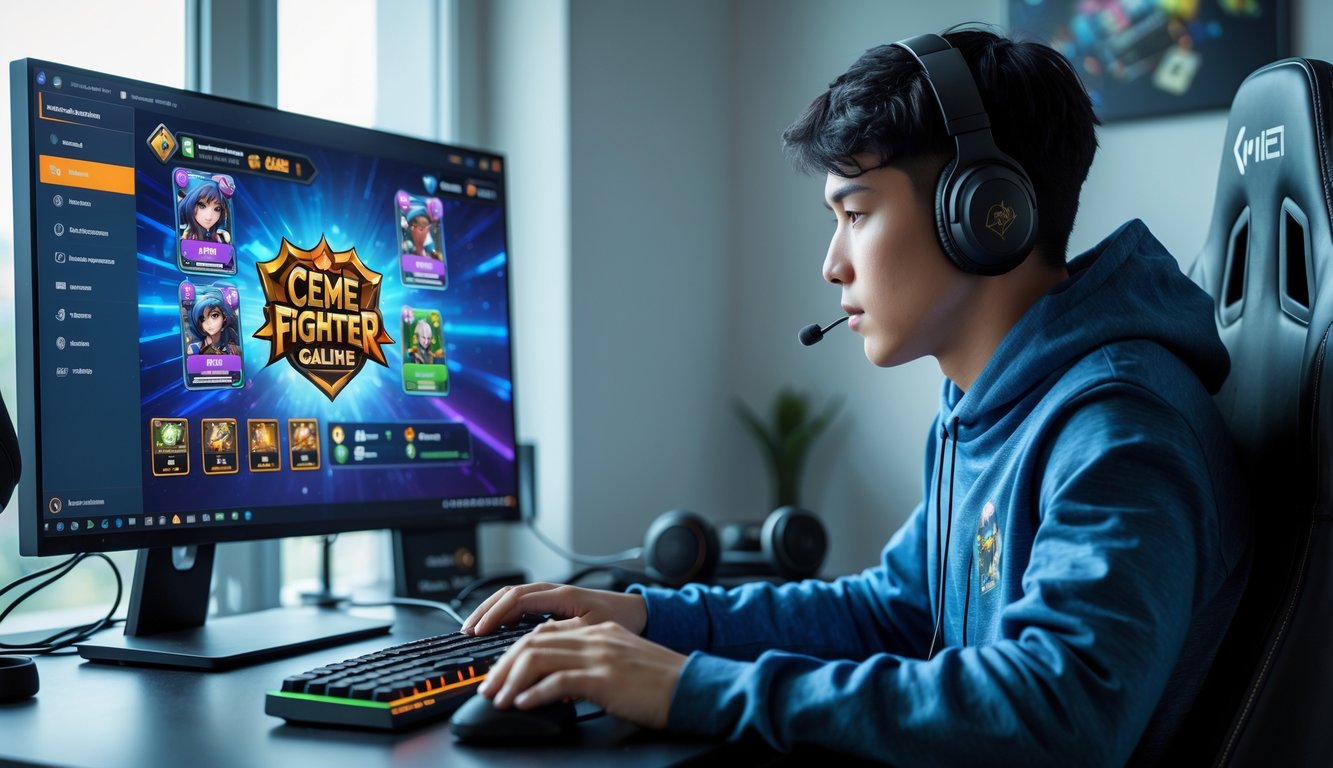 Seorang pria muda sedang duduk di depan komputer bermain permainan kartu online dengan fokus.