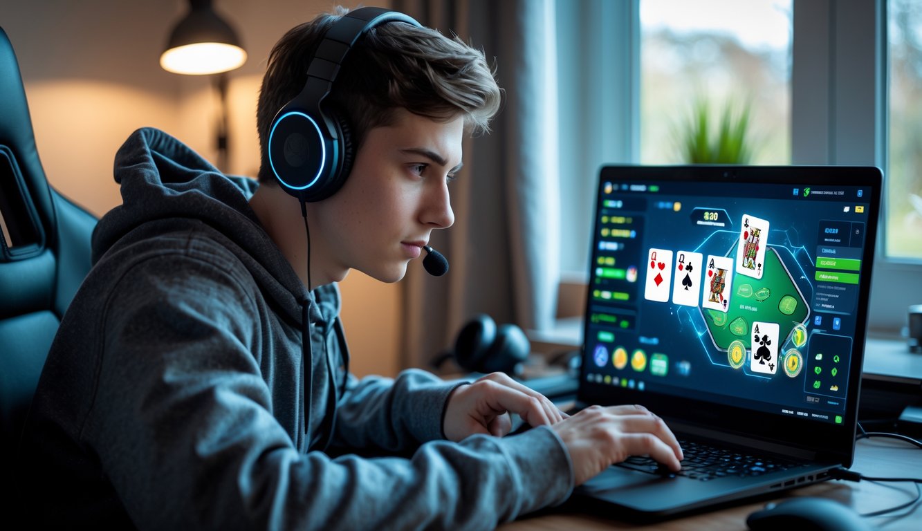 Seorang pria muda sedang fokus bermain permainan kartu online di laptop di sebuah ruangan yang nyaman dan terang.