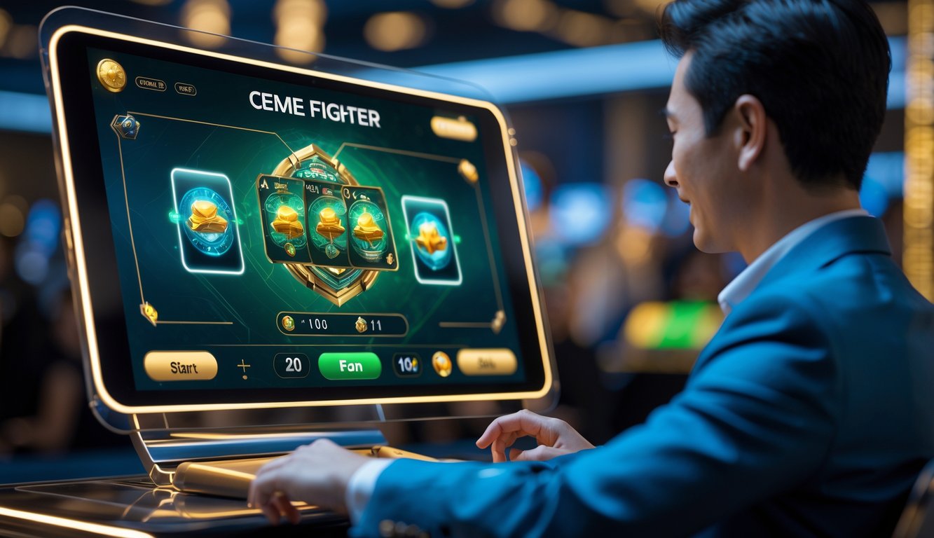 Seorang pria berpakaian rapi sedang menggunakan layar sentuh digital dengan tampilan permainan kartu dan ikon bonus di latar belakang yang kabur.