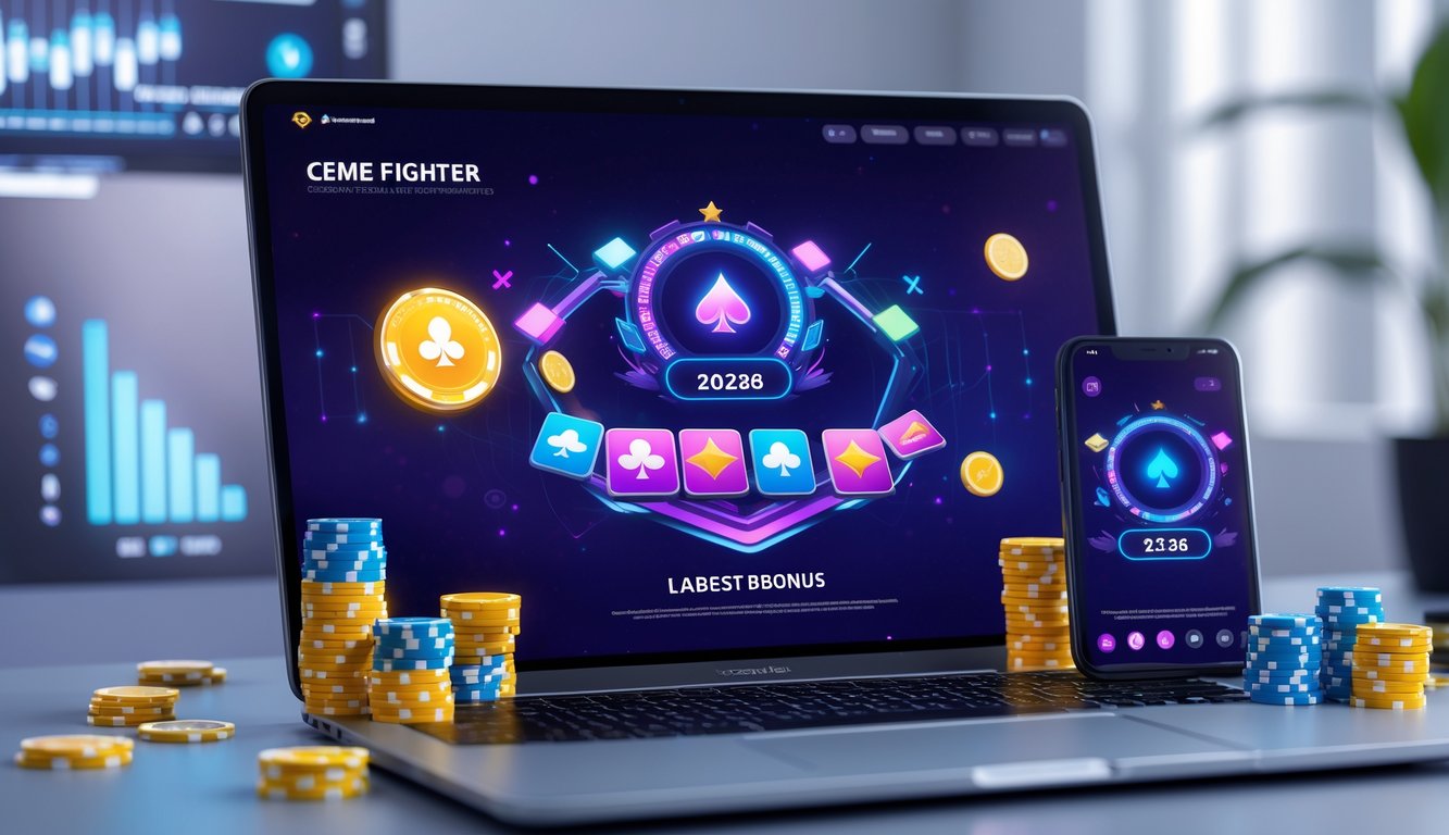 Seorang pengguna sedang bermain permainan kartu judi online di laptop dan ponsel dengan latar belakang ruang kerja modern.