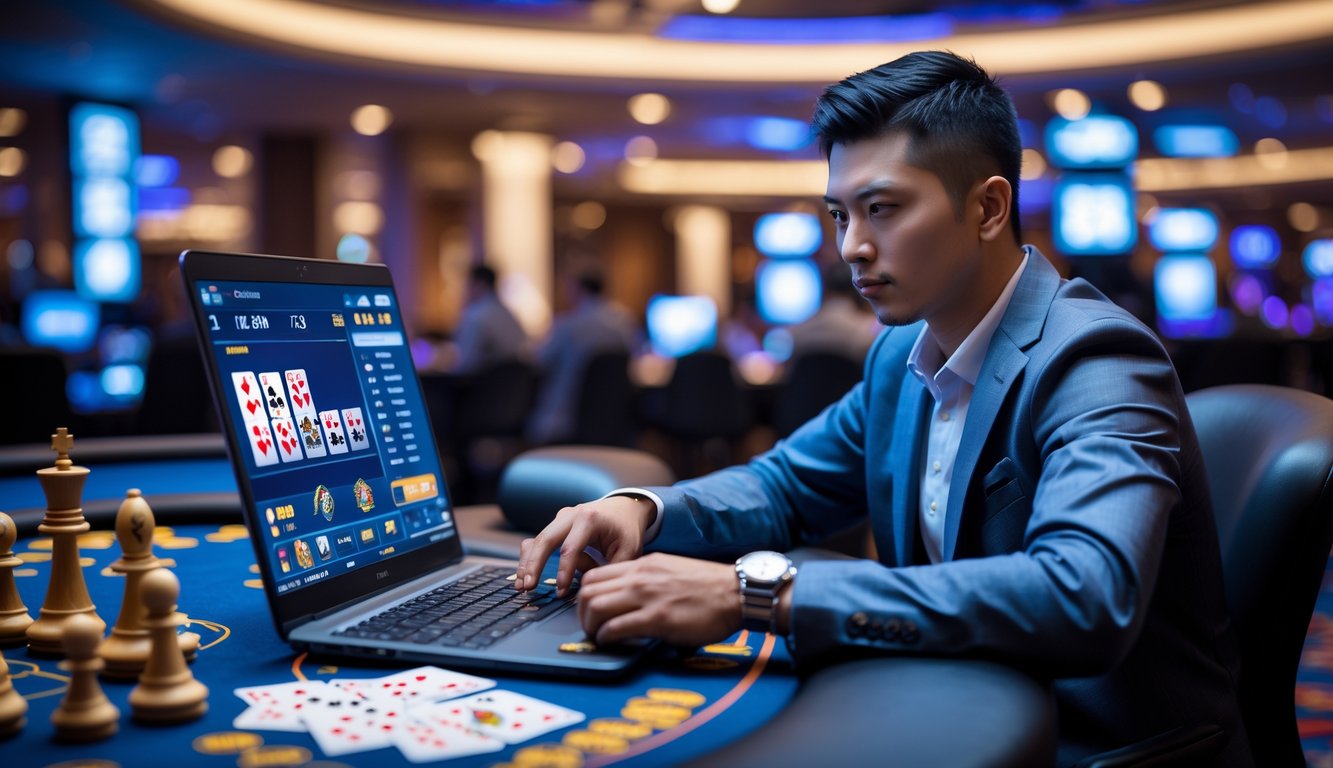 Seorang pemain profesional yang fokus bermain kartu online di depan laptop dengan suasana kasino modern di latar belakang.