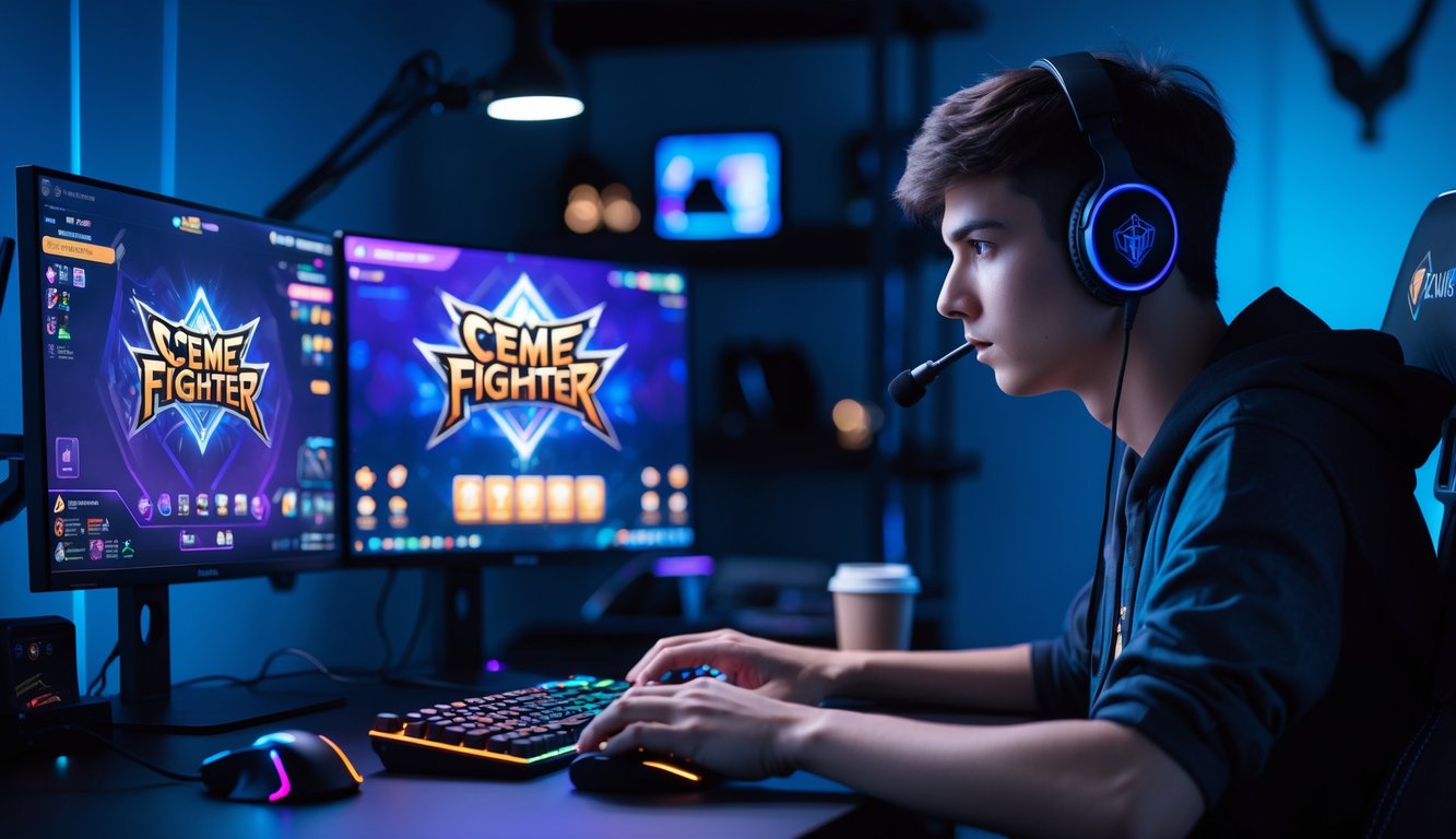 Seorang pria muda fokus bermain permainan kartu Ceme Fighter online di depan komputer dengan dua monitor di ruangan yang gelap dengan pencahayaan biru dan ungu.