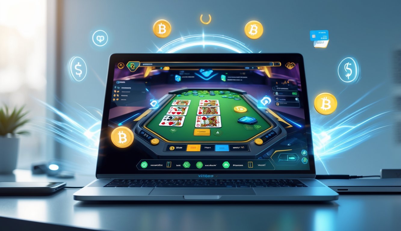 Seorang pemain menggunakan komputer untuk bermain permainan kartu online dengan latar belakang ruang kerja modern dan simbol pembayaran digital.