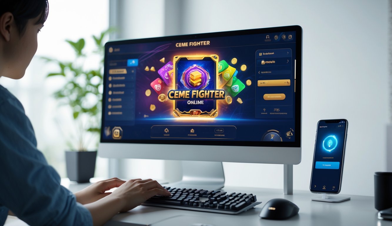 Seseorang menggunakan komputer dengan permainan kartu digital dan ponsel yang menampilkan konfirmasi pembayaran.