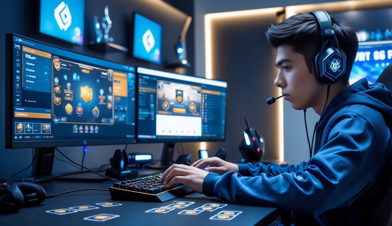 Seorang pria muda sedang fokus bermain game kartu online di depan beberapa layar komputer dengan peralatan gaming di meja.