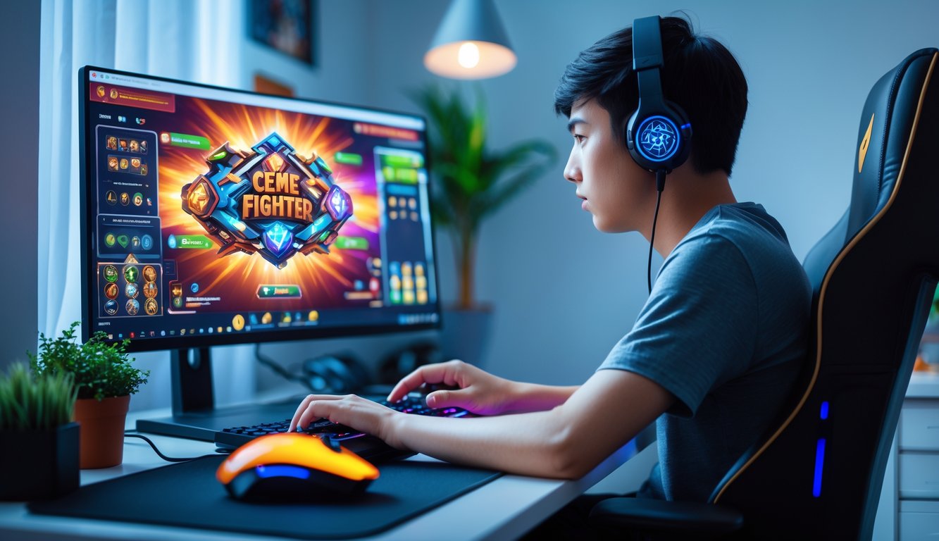 Seorang pria muda sedang bermain permainan kartu online di depan komputer di ruang kerja yang rapi dan terang.