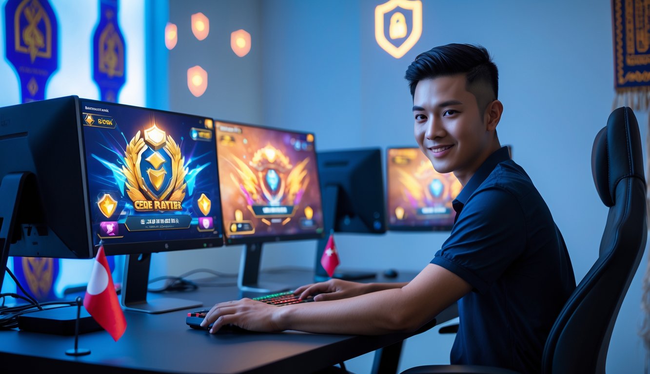 Seorang pria muda Indonesia duduk di depan komputer dengan layar menampilkan permainan kartu, di ruangan modern dengan simbol keamanan digital di latar belakang.