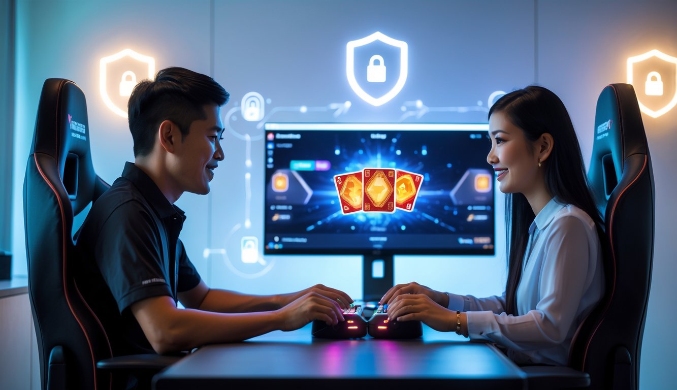 Seorang pria dan wanita Indonesia sedang bermain game kartu online di depan komputer dalam ruangan modern yang terang.