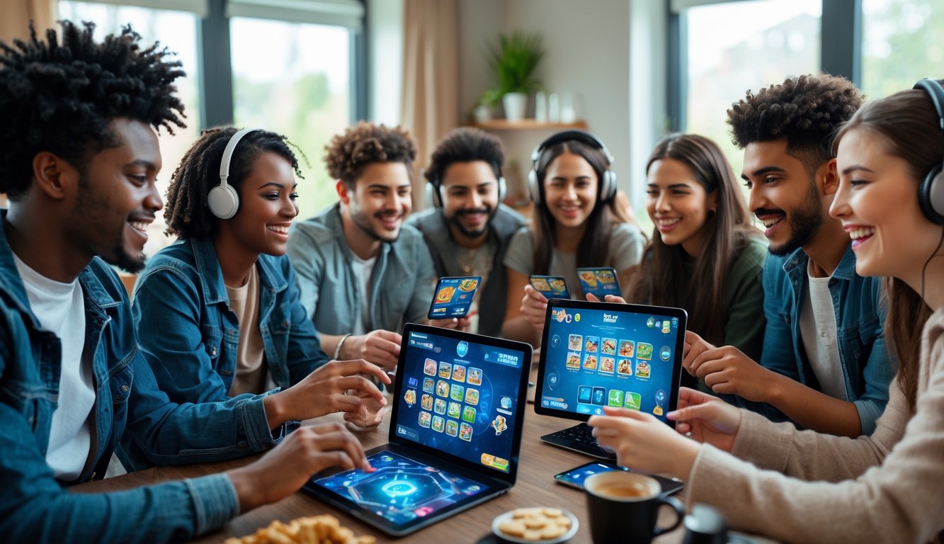 Sekelompok orang muda sedang bermain permainan kartu online bersama di ruang tamu yang nyaman.