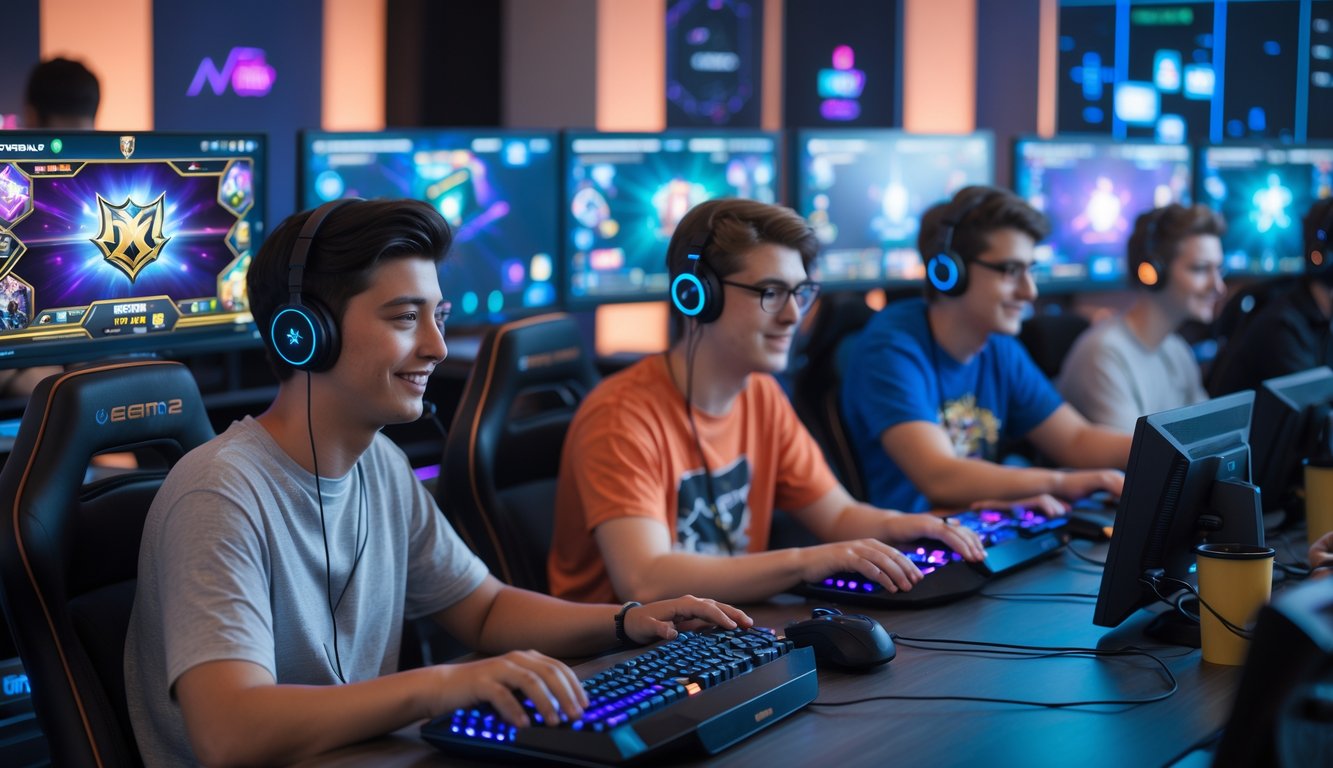 Sekelompok orang muda bermain game kartu online bersama di ruangan yang nyaman dengan komputer dan layar.