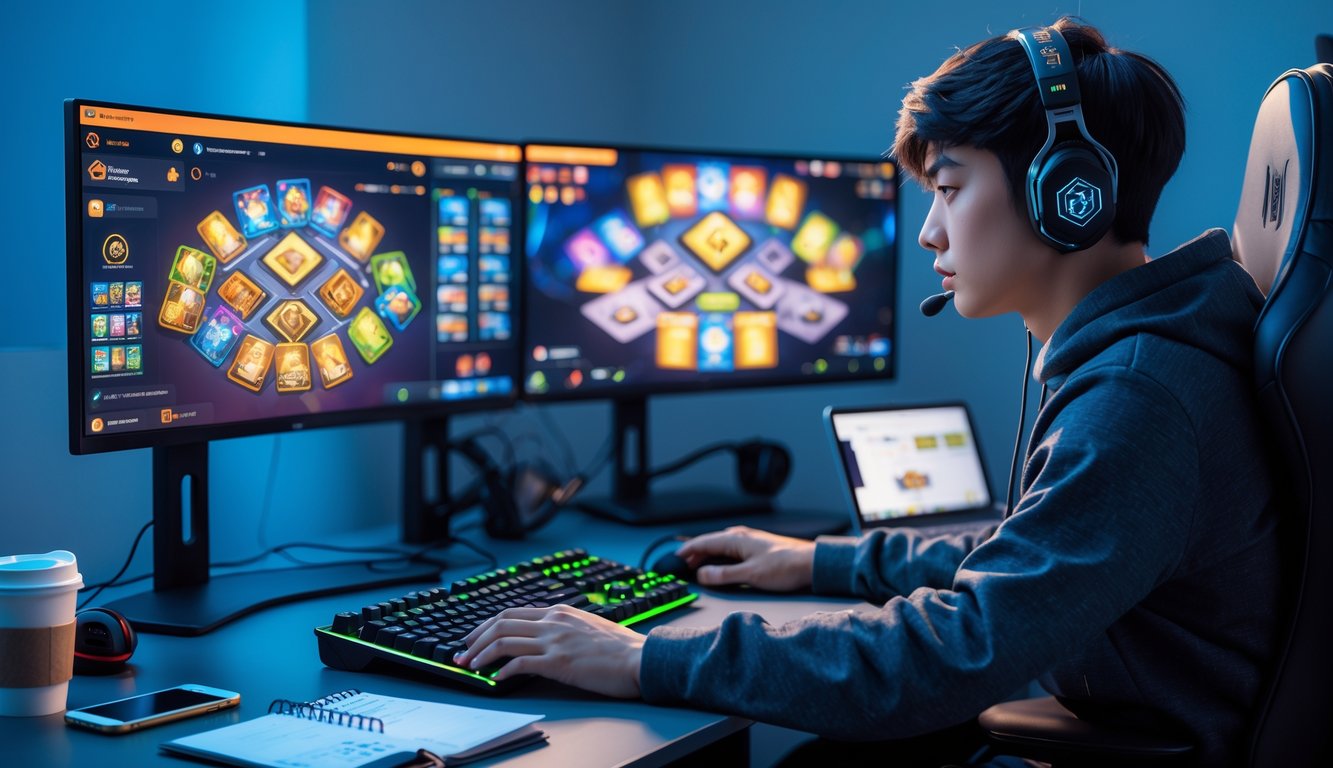 Seorang pria muda sedang bermain game kartu online di meja dengan beberapa monitor dan perangkat gaming.