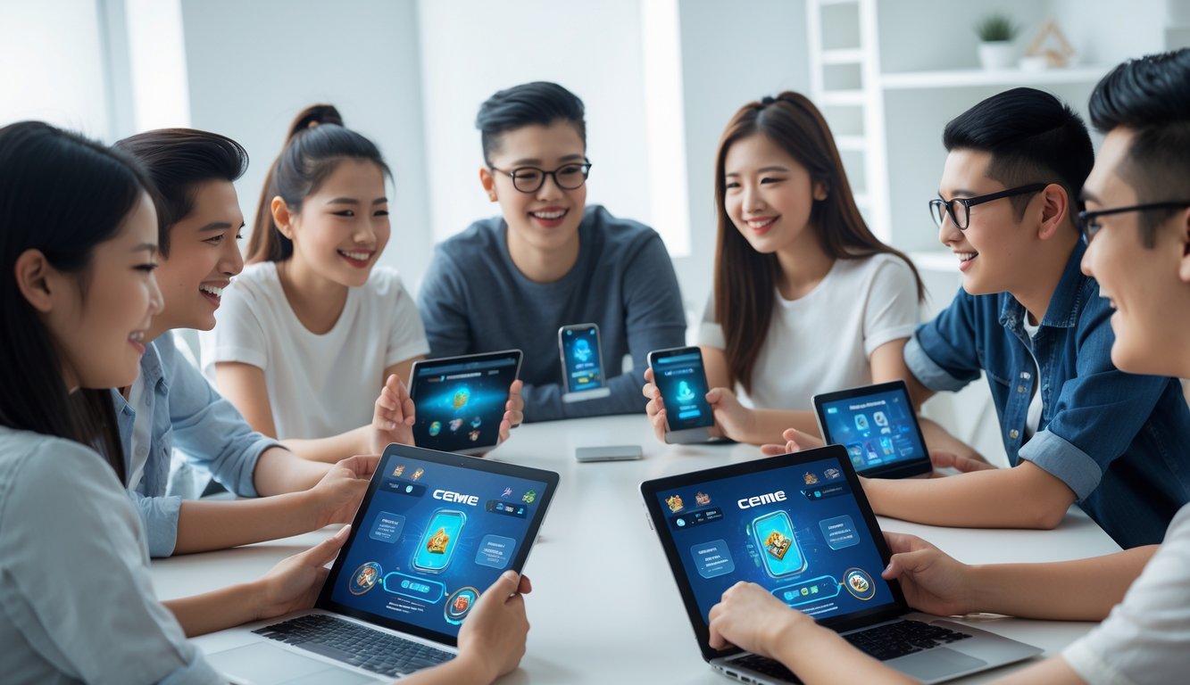 Sekelompok orang muda sedang bermain permainan kartu online bersama di sebuah ruangan terang dengan perangkat digital.