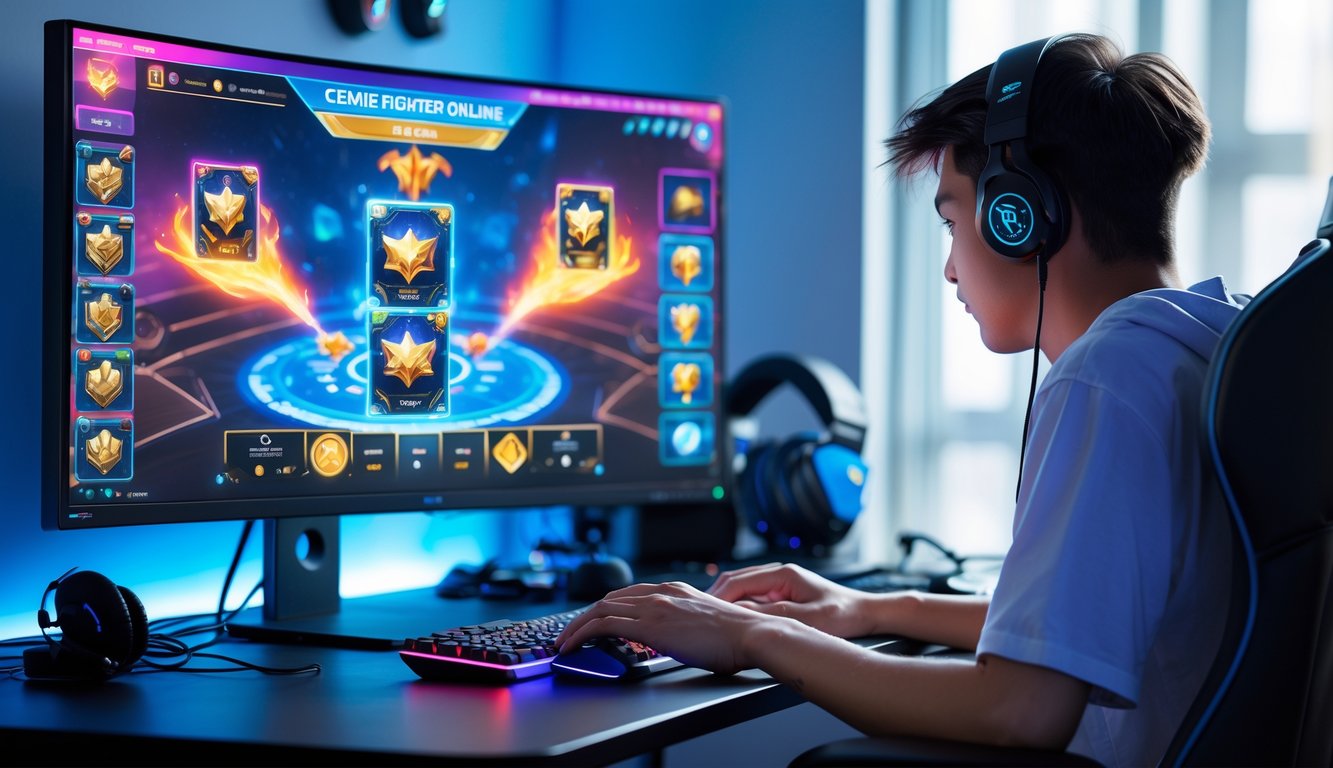 Seorang pria muda sedang bermain permainan kartu online di depan komputer dengan suasana kamar yang terang dan nyaman.