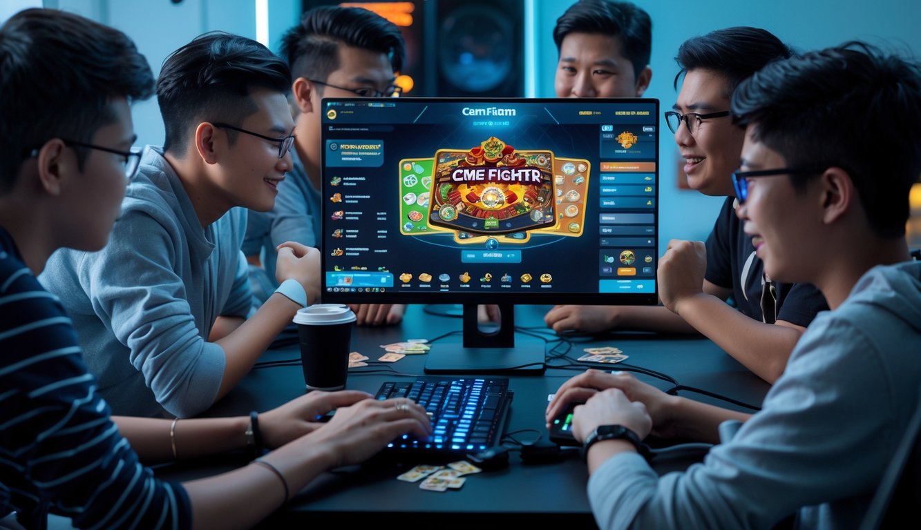 Sekelompok orang muda bermain permainan kartu Ceme Fighter secara online di depan laptop dalam ruangan yang terang dan modern.