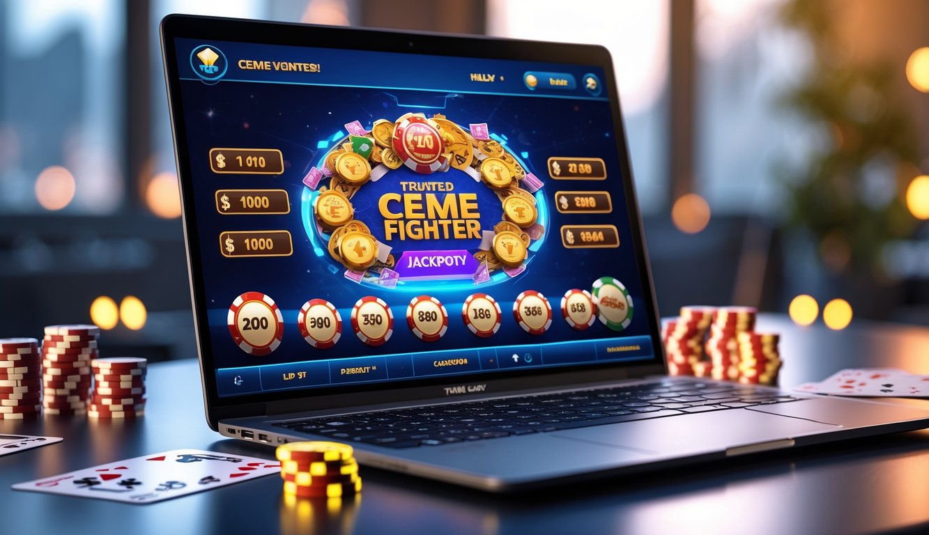 Seorang pemain menggunakan laptop dengan permainan kartu Ceme Fighter online yang menampilkan suasana permainan dengan chip poker dan kartu di meja.